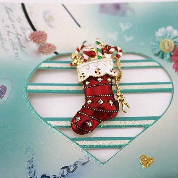 NWOT - Christmas Gift Stocking Brooch Holiday with Combo Display Case - Picture 5 of 6